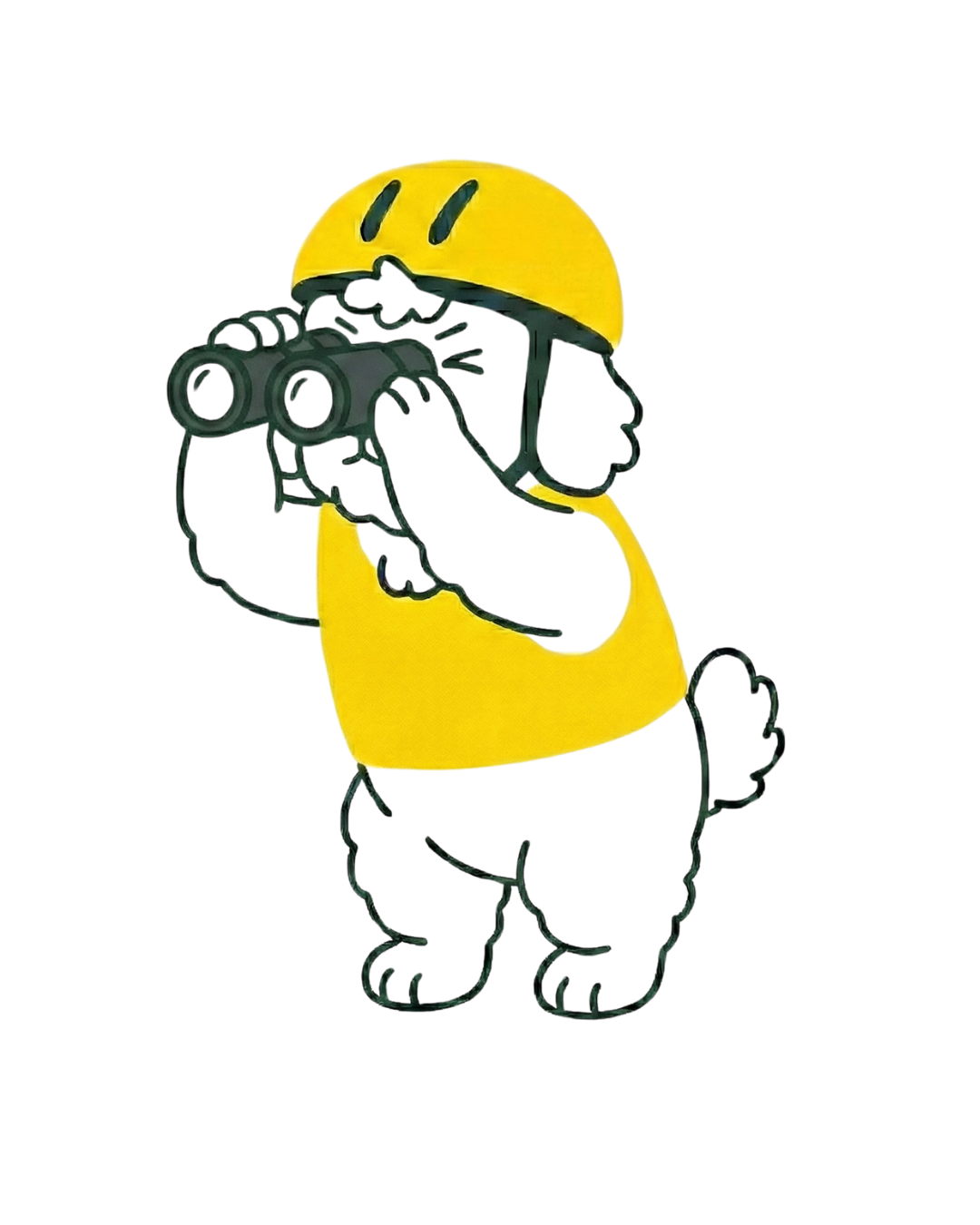 Defensive Pedal mascot scanning the road ahead with binoculars