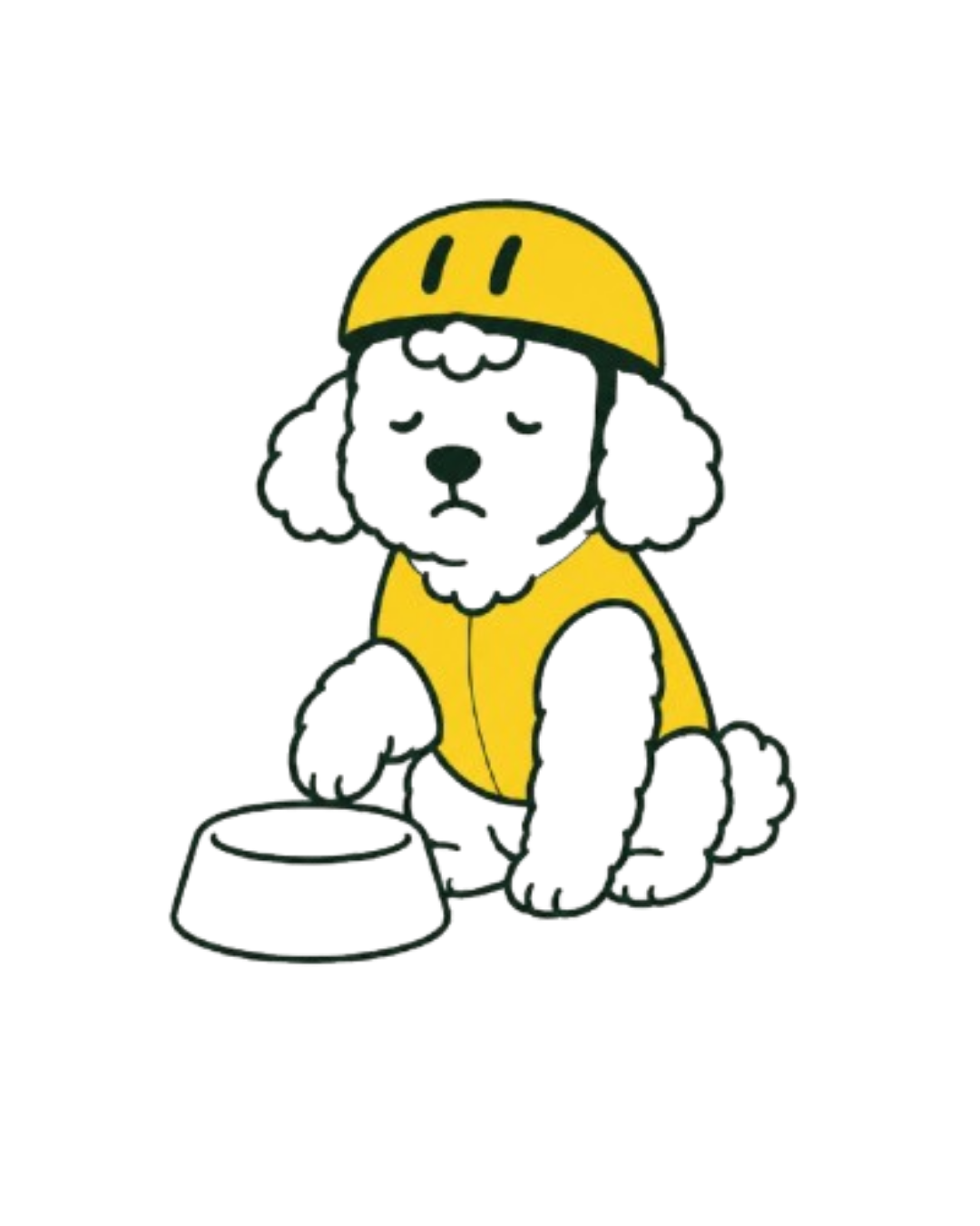 Defensive Pedal mascot, a white dog in a yellow helmet, sitting sadly next to an empty bowl